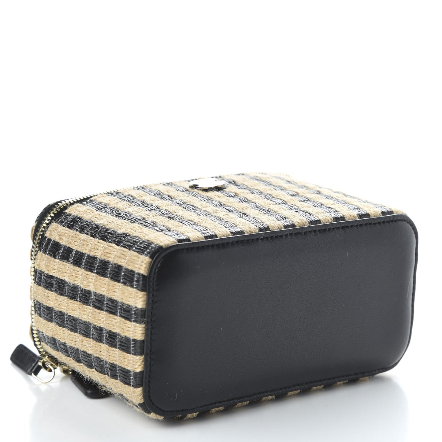 Raffia Jute Striped Small Vanity Case With Chain Black Beige
