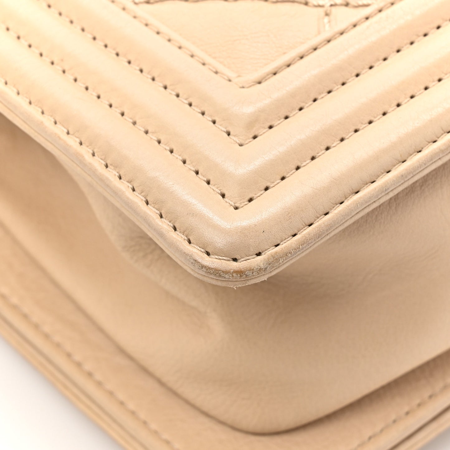 Calfskin Double Stitch Small Boy Flap Beige