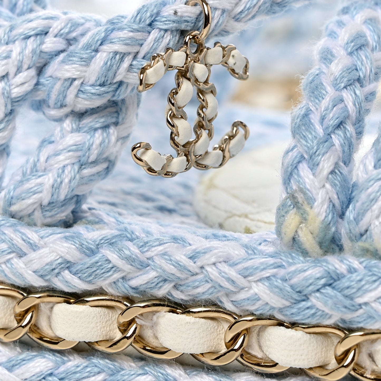 Lambskin Cord Chain CC Sandals 38 Blue White