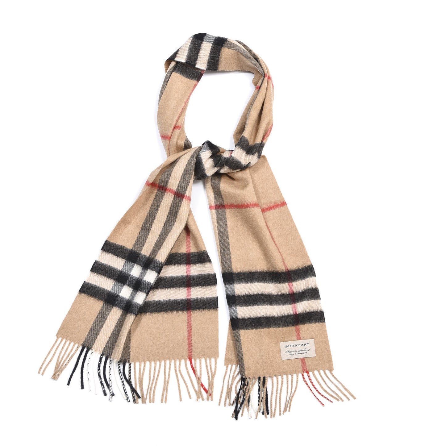 Cashmere Giant Check Fringe Scarf Camel