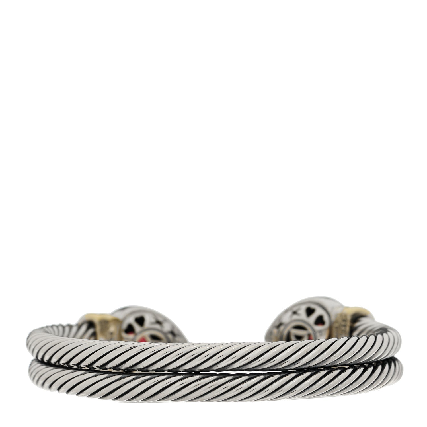 David Yurman Sterling Silver 14K Yellow Gold Garnet Heart Double Cable Cuff Bracelet 2 of 3