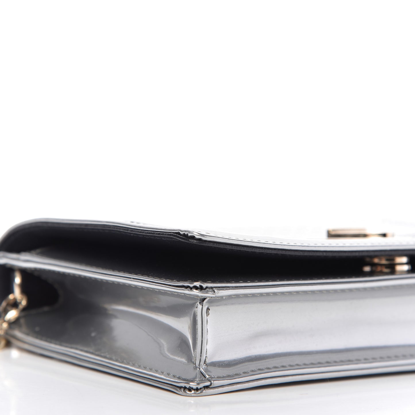 Metallic Patent Micro-Cannage Diorama Wallet on Chain Pouch Silver
