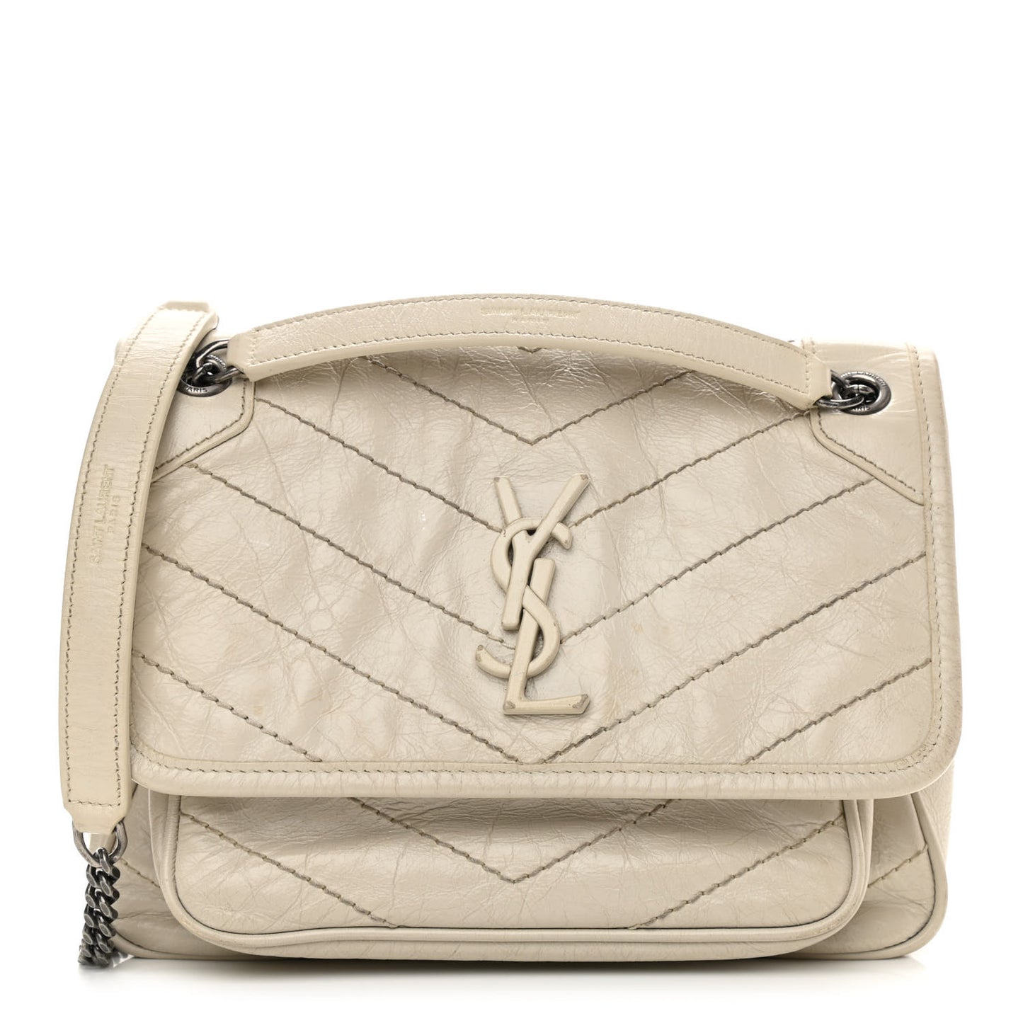 Crinkled Calfskin Matelasse Monogram Baby Niki Chain Satchel Ivory