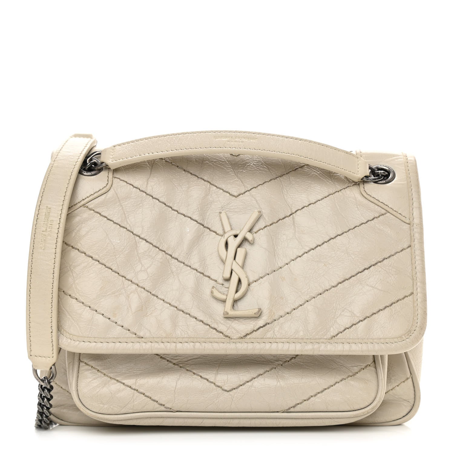 Saint Laurent Crinkled Calfskin Matelasse Monogram Baby Niki Chain Satchel Ivory 1 of 12