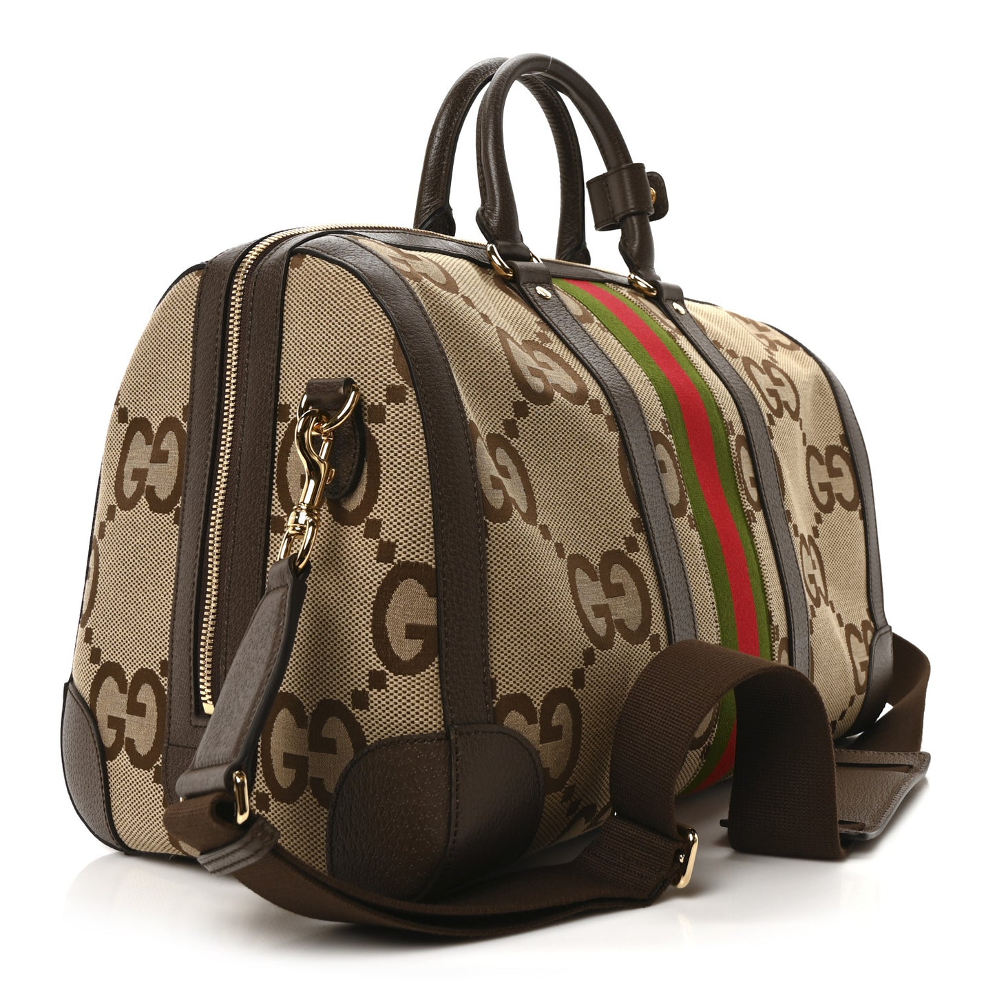 Monogram Jumbo GG Textured Dollar Calfskin Web Medium Duffle Bag Camel Ebony