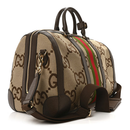 Gucci Monogram Jumbo GG Textured Dollar Calfskin Web Medium Duffle Bag Camel Ebony 3 of 10