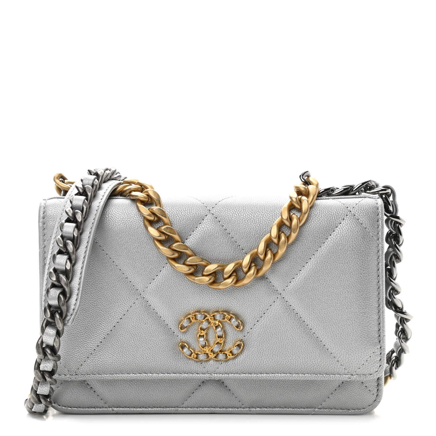 Chanel Metallic Lambskin Quilted Chanel 19 Wallet On Chain WOC Silver 1 of 13
