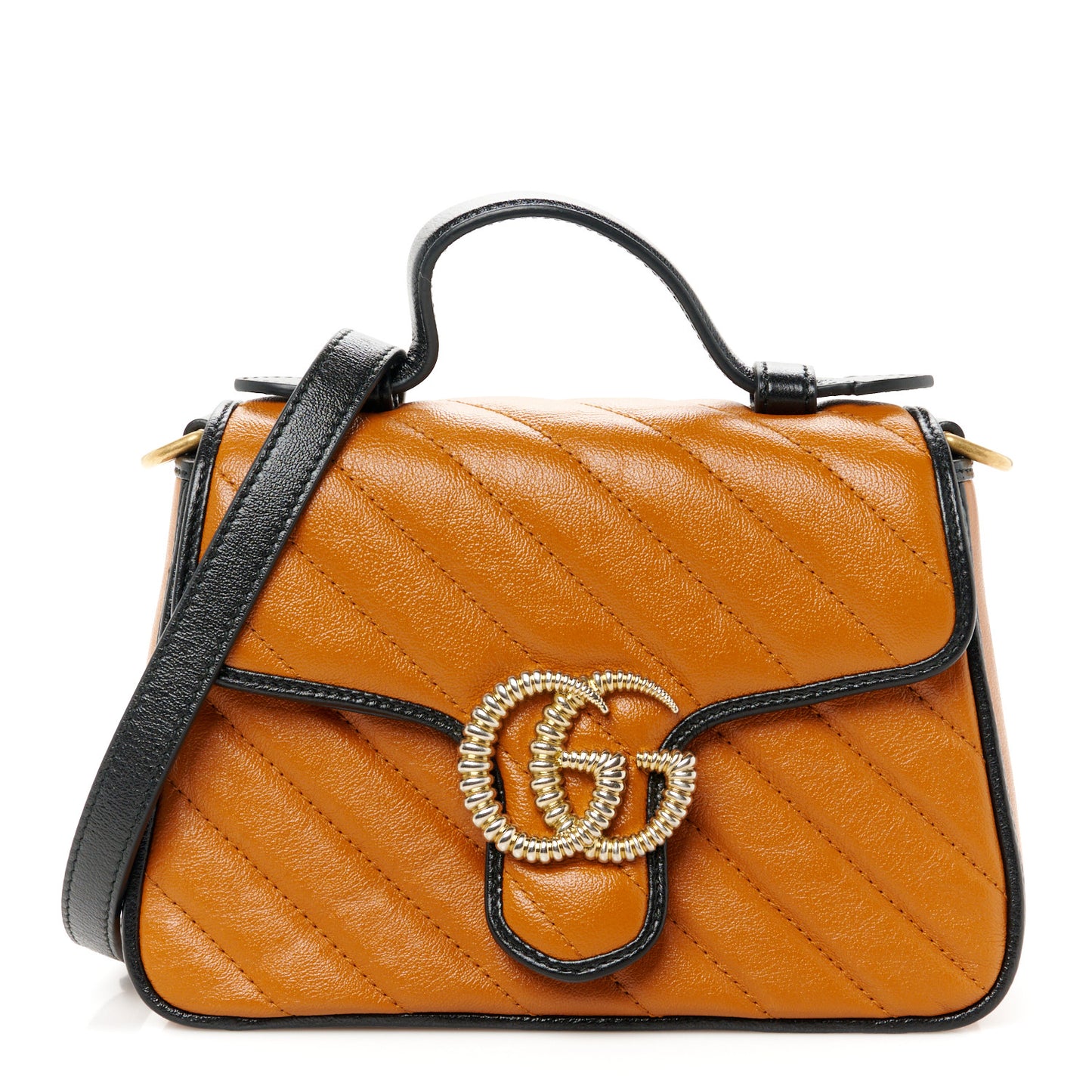 Azalea Calfskin Matelasse Diagonal Mini GG Marmont Top Handle Shoulder Bag Cognac Black