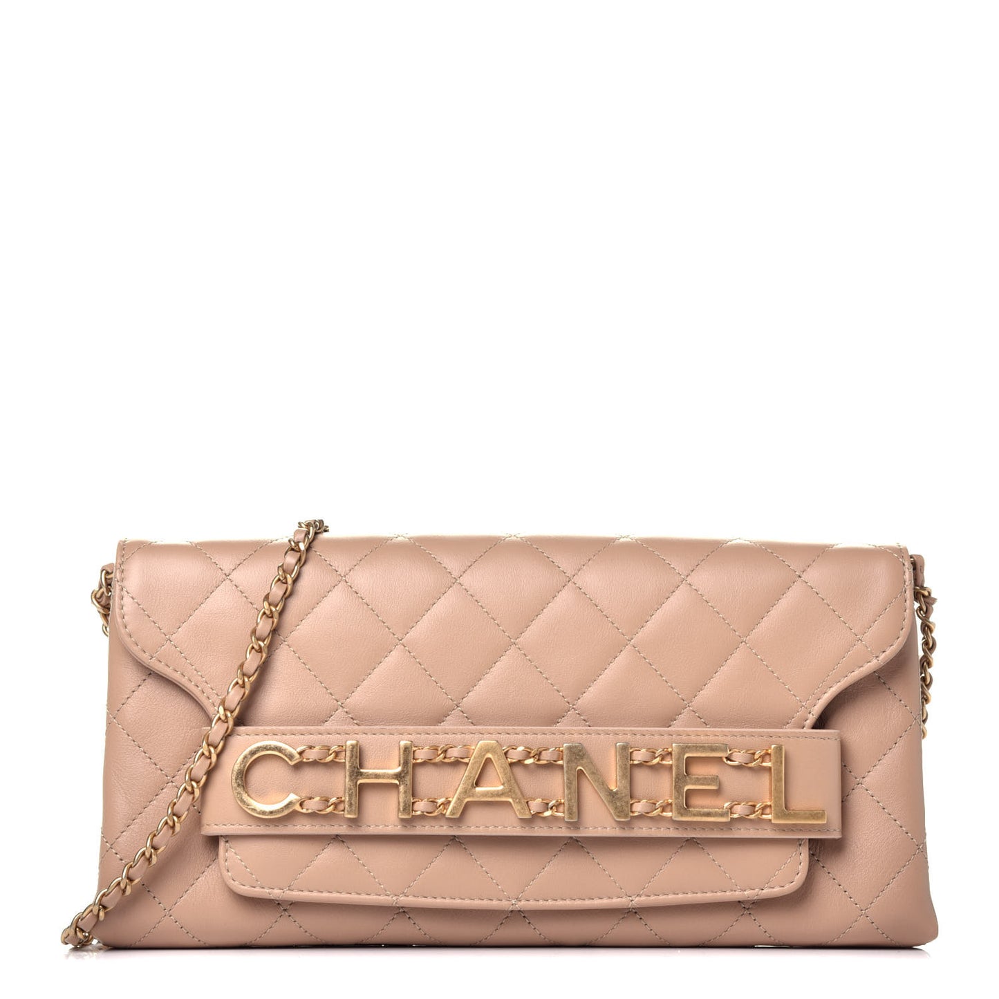 Calfskin Quilted Enchained Clutch Beige