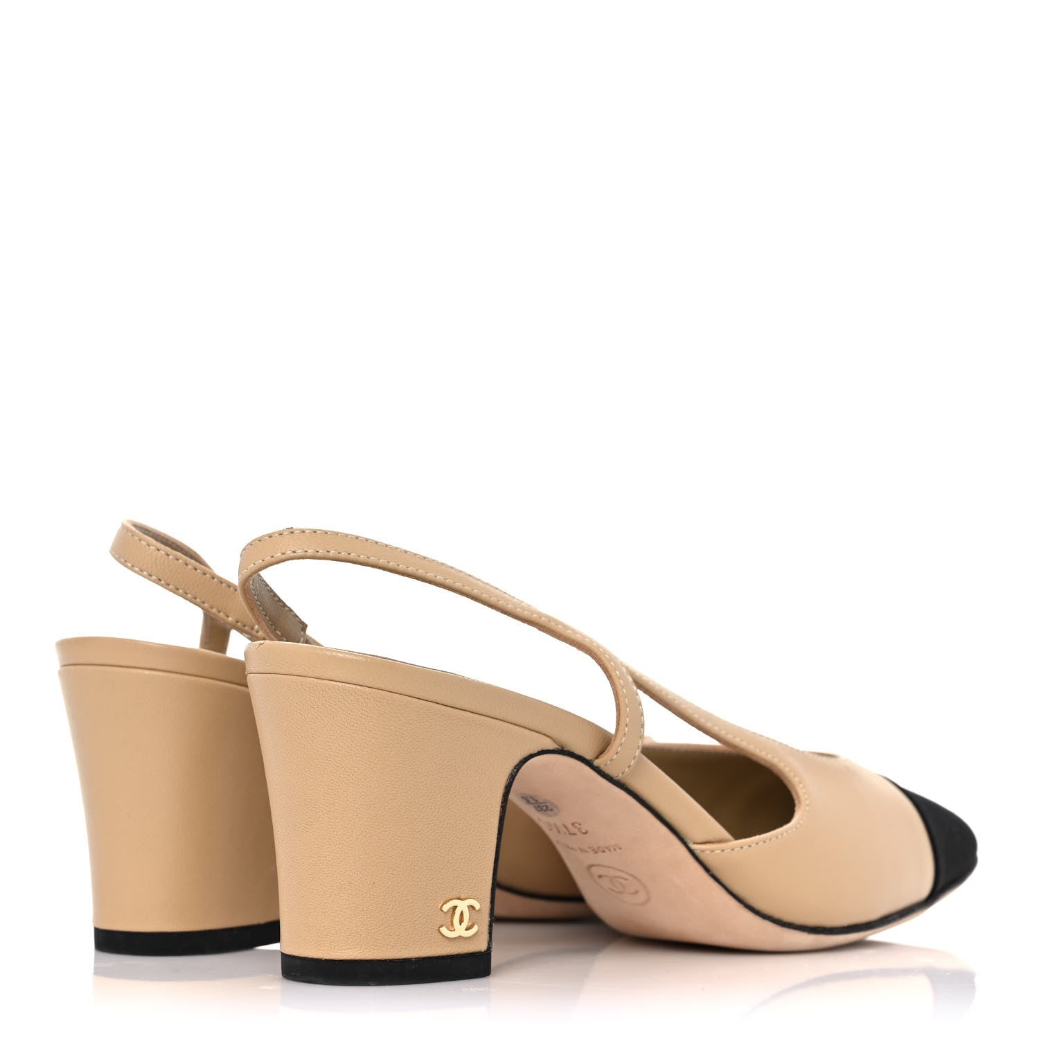 Chanel Goatskin Grosgrain Cap Toe CC Slingback Pumps 37.5 Beige Black 4 of 10