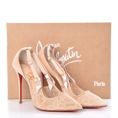 Christian Louboutin Satin Chantilly Lace Hot Jeanbi 100 Pumps 37.5 Nude 8 of 8