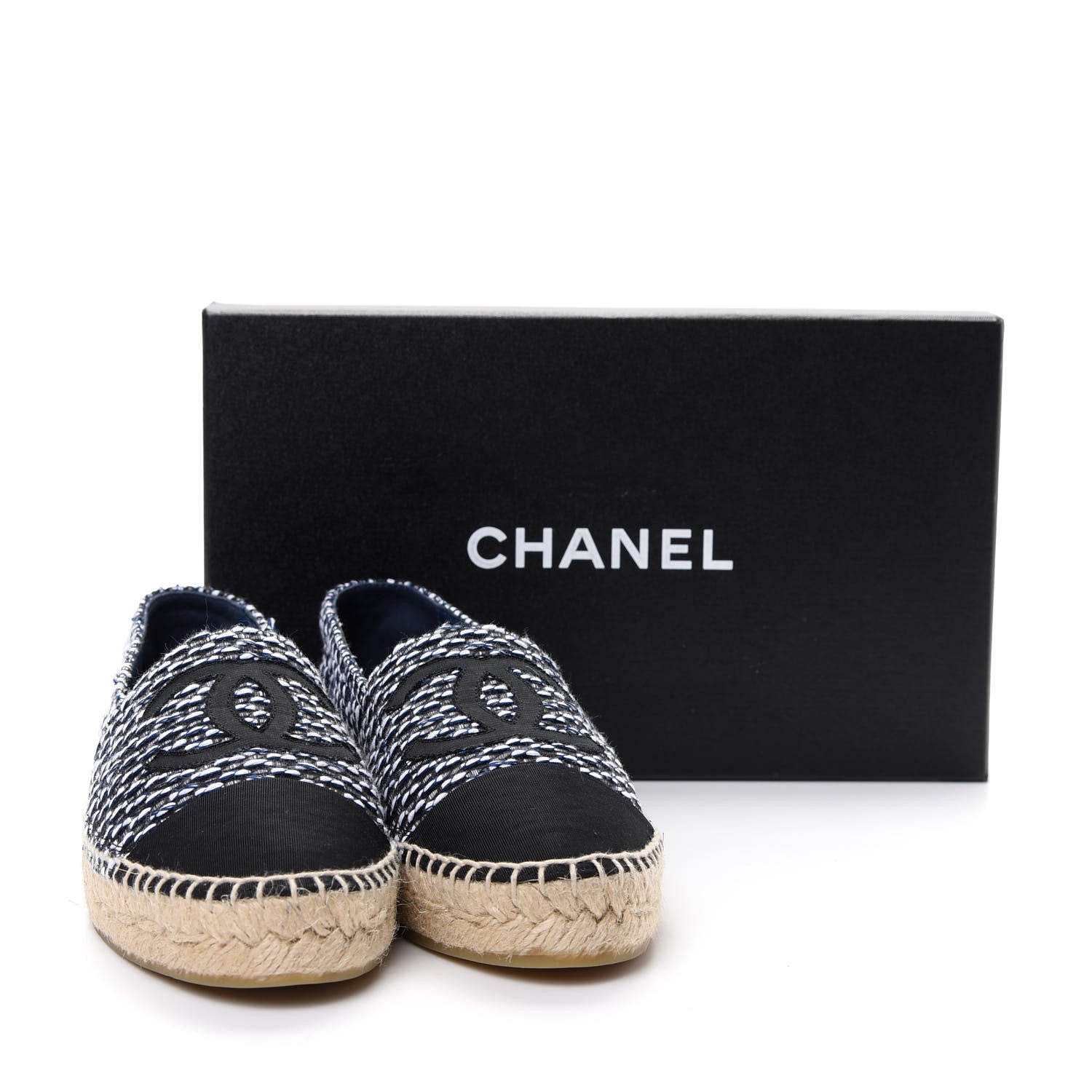 Chanel Tweed Grosgrain CC Espadrilles 38 Black Navy White 11 of 11