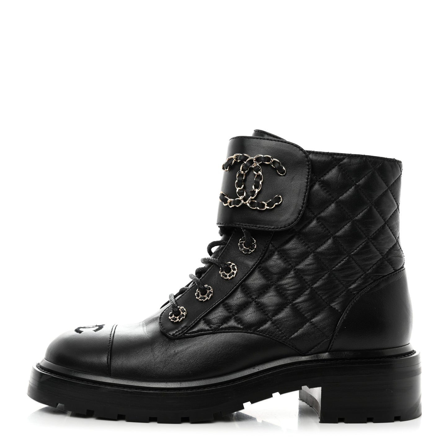 Shiny Calfskin Quilted Lace Up Combat Boots 39 Black