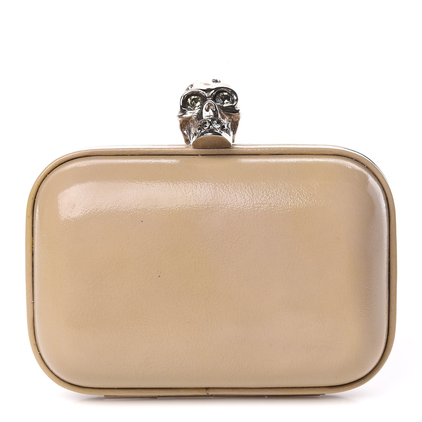 Patent Calfskin Skull Box Clutch Beige
