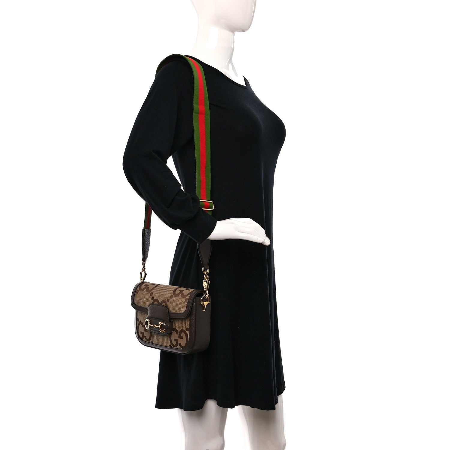 Gucci Monogram Jumbo GG Textured Dollar Calfskin Web Mini Horsebit 1955 Shoulder Bag Camel Ebony New Acero 2 of 8
