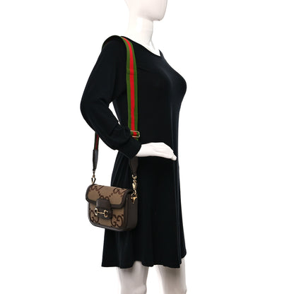 Gucci Monogram Jumbo GG Textured Dollar Calfskin Web Mini Horsebit 1955 Shoulder Bag Camel Ebony New Acero 2 of 8