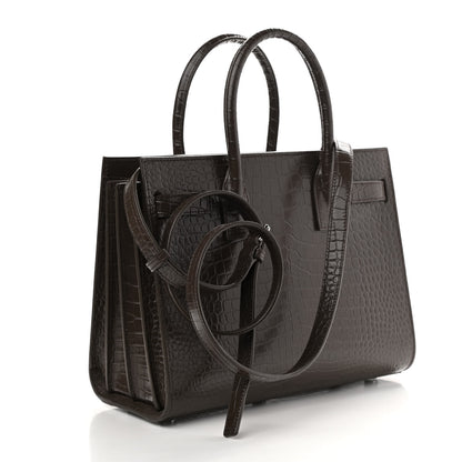 Saint Laurent Calfskin Crocodile Embossed Baby Sac De Jour Dark Brown 3 of 9