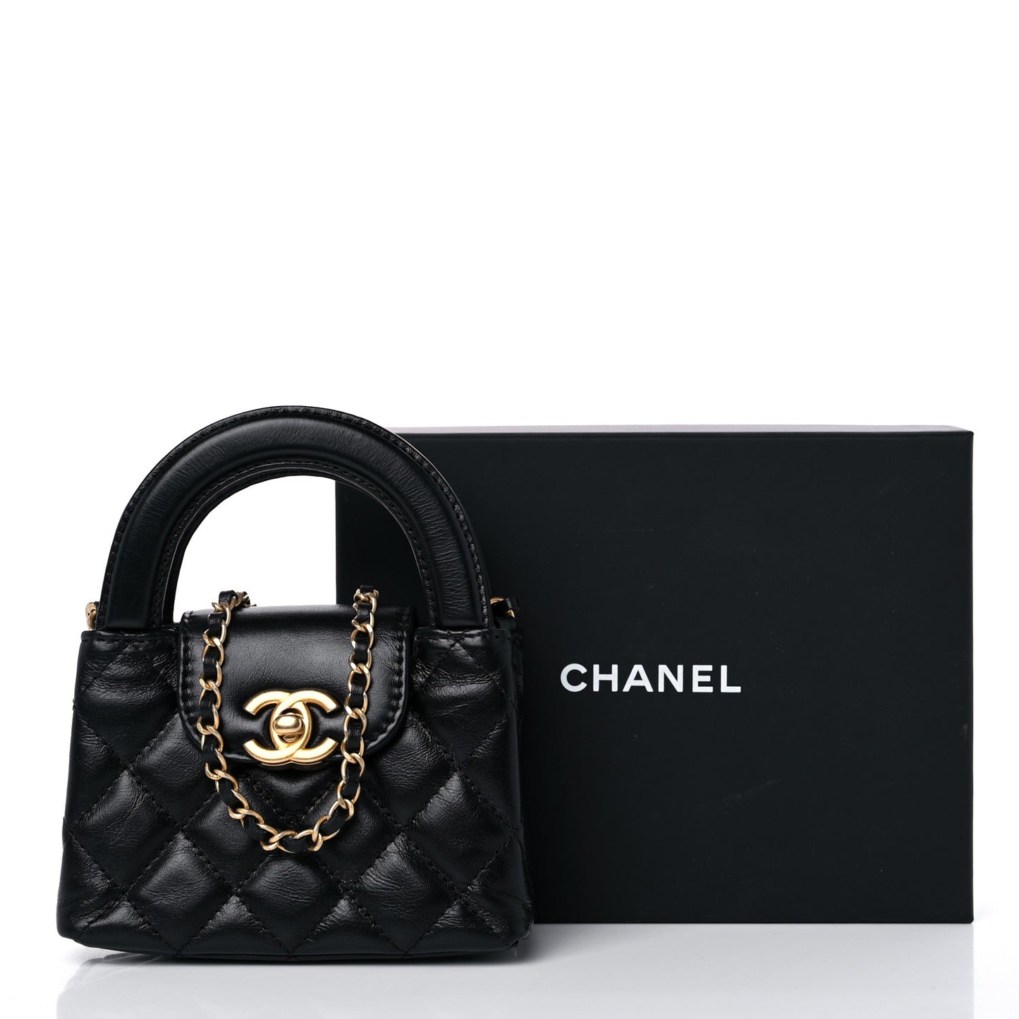 Shiny Aged Calfskin Quilted Mini Nano Kelly Shopper Black