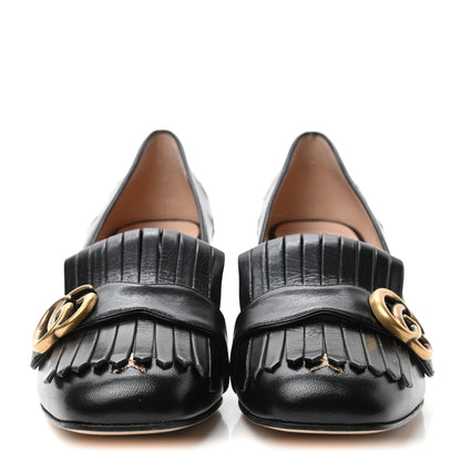 Gucci Quentin Goatskin Bee Star Embroidered GG Marmont Fringe 50mm Loafer Pumps 39 Black 2 of 9