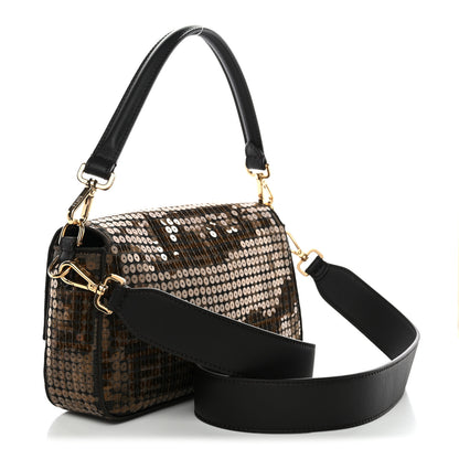 Fendi Fabric Jacquard Paillettes Vitello Seta FF 1974 Baguette Testa di Moro Real Ebano 3 of 9