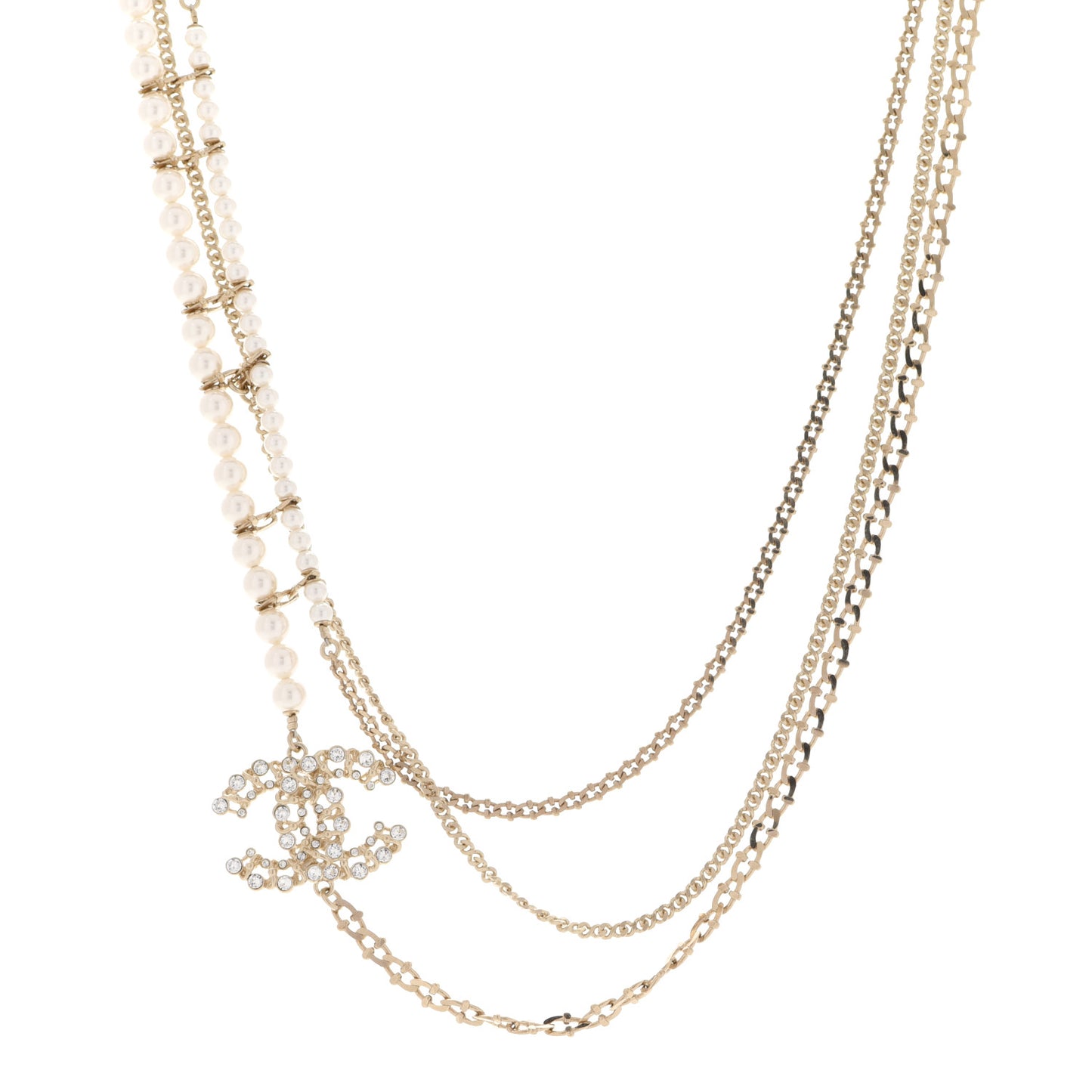 Crystal Pearl CC Long Multistrand Necklace Gold