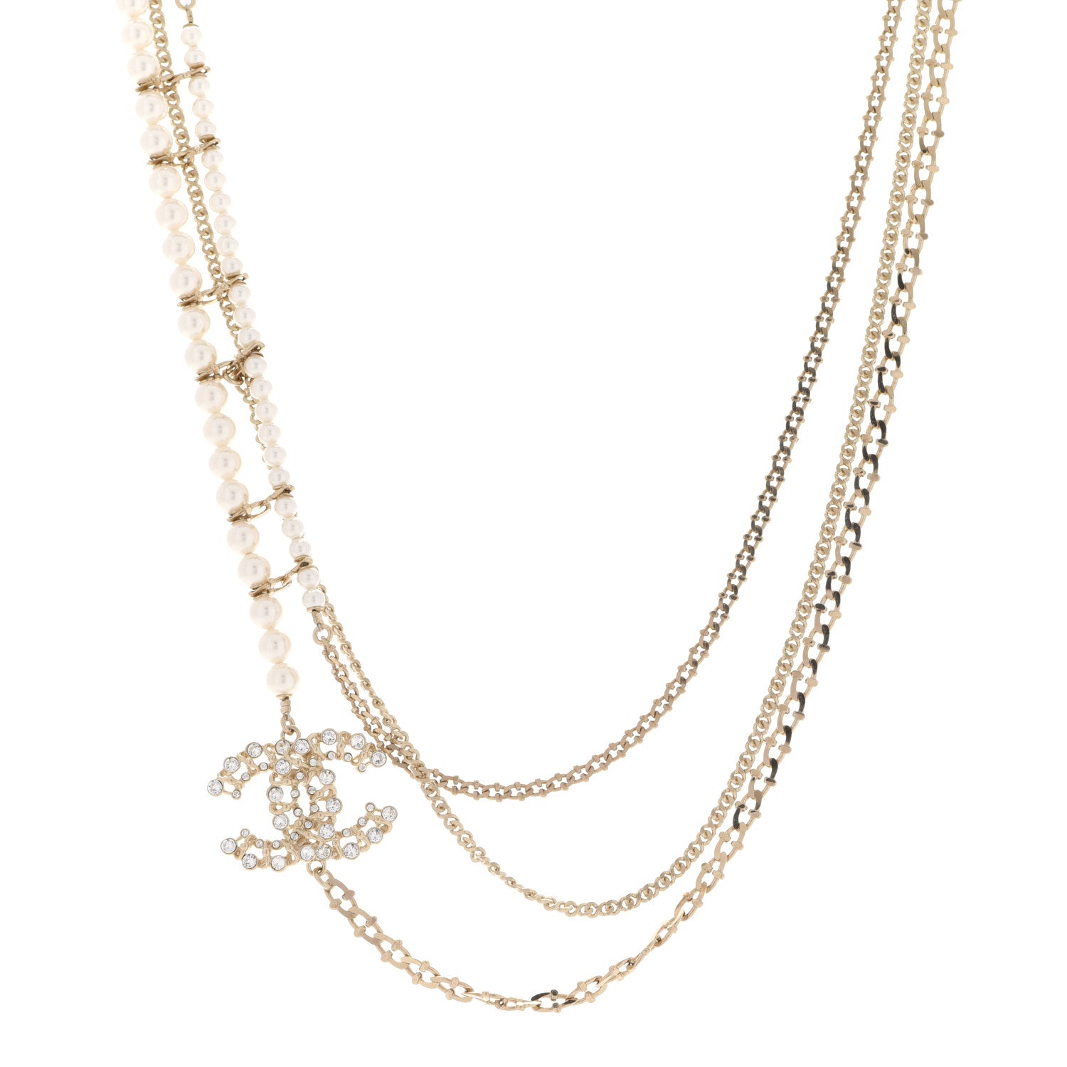 Chanel Crystal Pearl CC Long Multistrand Necklace Gold 1 of 5