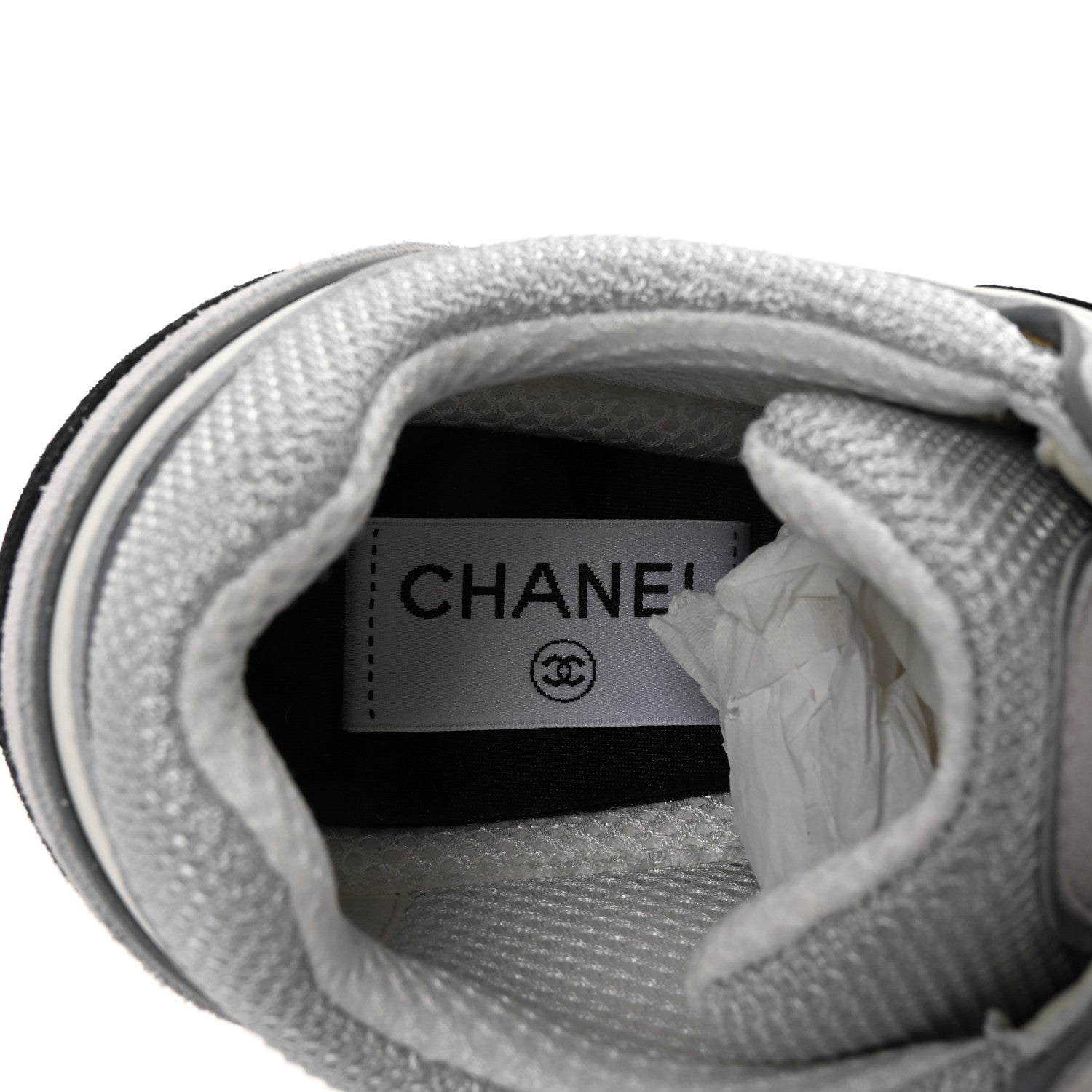 Chanel Calfskin Fabric Womens CC Sneakers 37 White Silver Light Grey 7 of 8