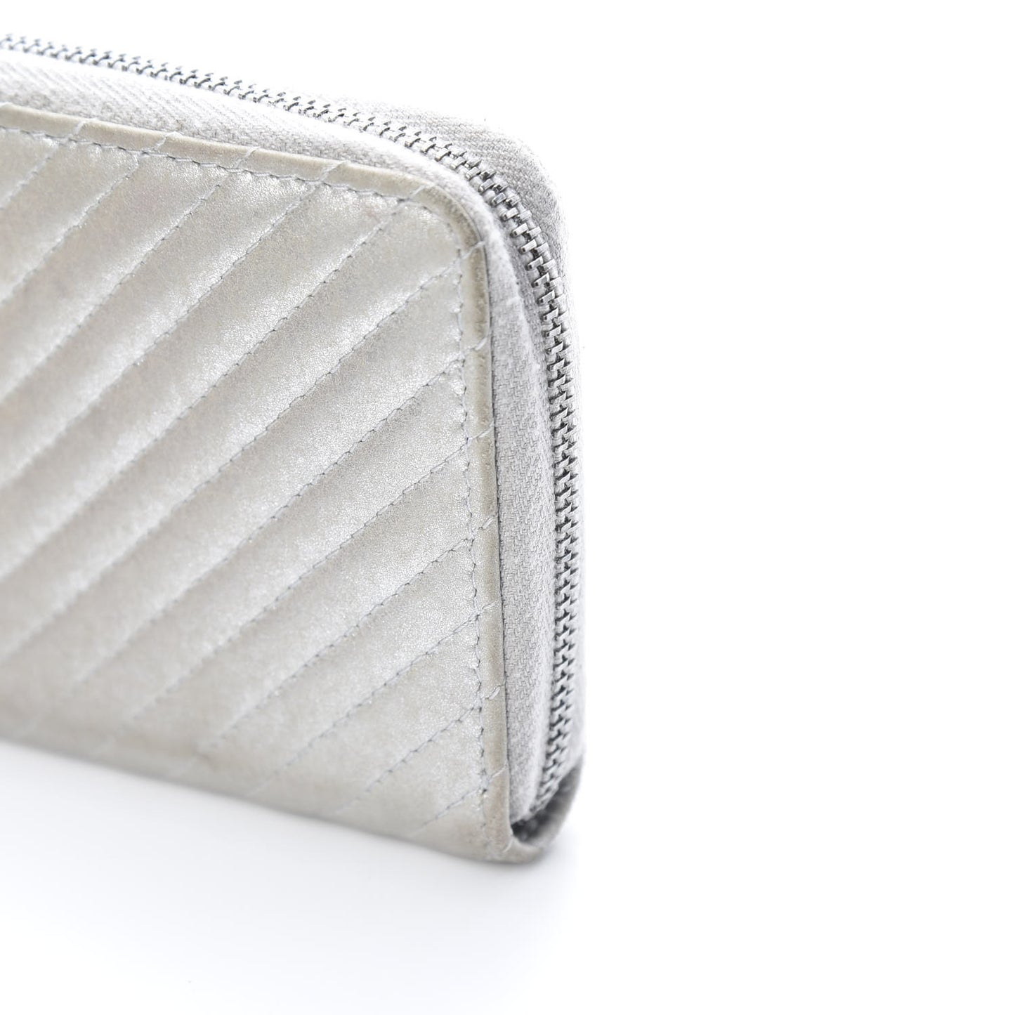 Metallic Lambskin Chevron Quilted Small Zip Around Wallet Silver