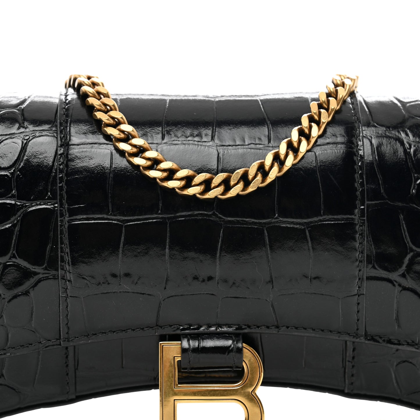 Shiny Calfskin Crocodile Embossed Hourglass Chain Bag Black