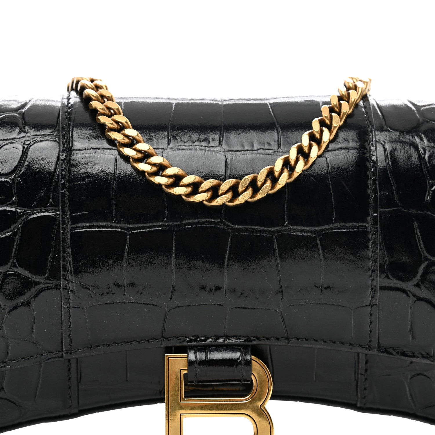 Balenciaga Shiny Calfskin Crocodile Embossed Hourglass Chain Bag Black 7 of 10