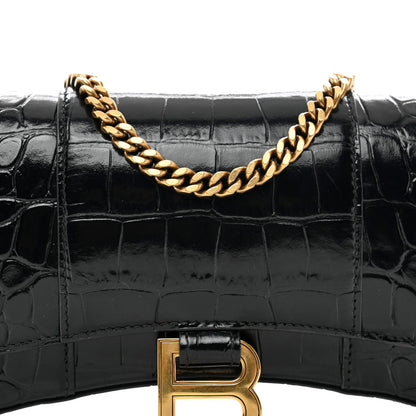 Balenciaga Shiny Calfskin Crocodile Embossed Hourglass Chain Bag Black 7 of 10
