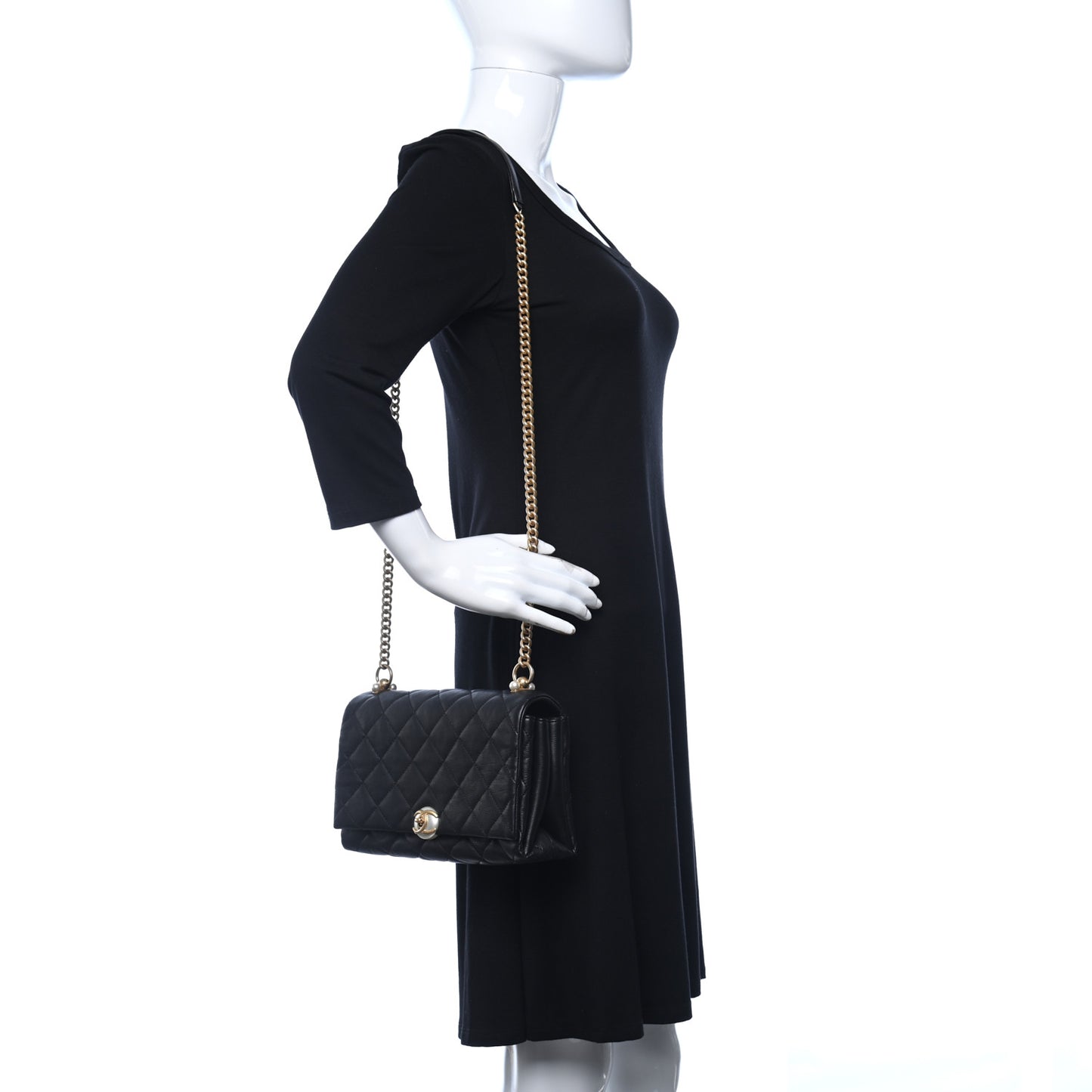 Calfskin Quilted Accordion Pearl CC Small Flap Bag Black