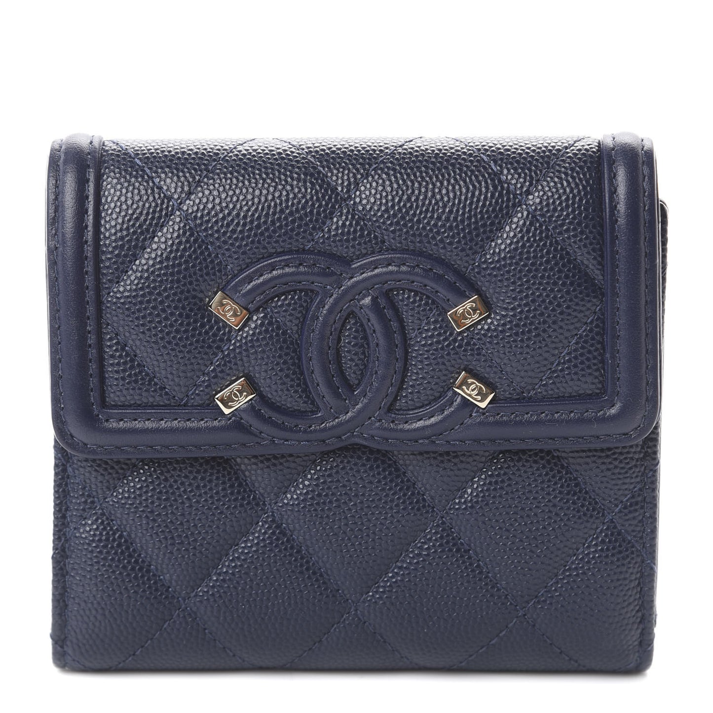 Caviar Quilted Filigree Compact Wallet Navy
