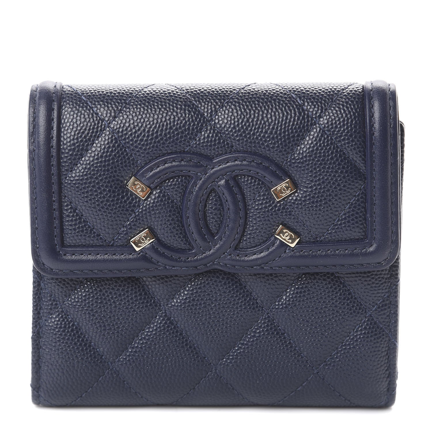 Chanel Caviar Quilted Filigree Compact Wallet Navy 2 of 13