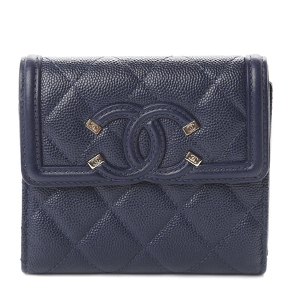 Chanel Caviar Quilted Filigree Compact Wallet Navy 2 of 13