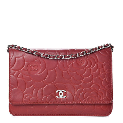 Chanel Lambskin Camellia Embossed Wallet On Chain WOC Red 1 of 19