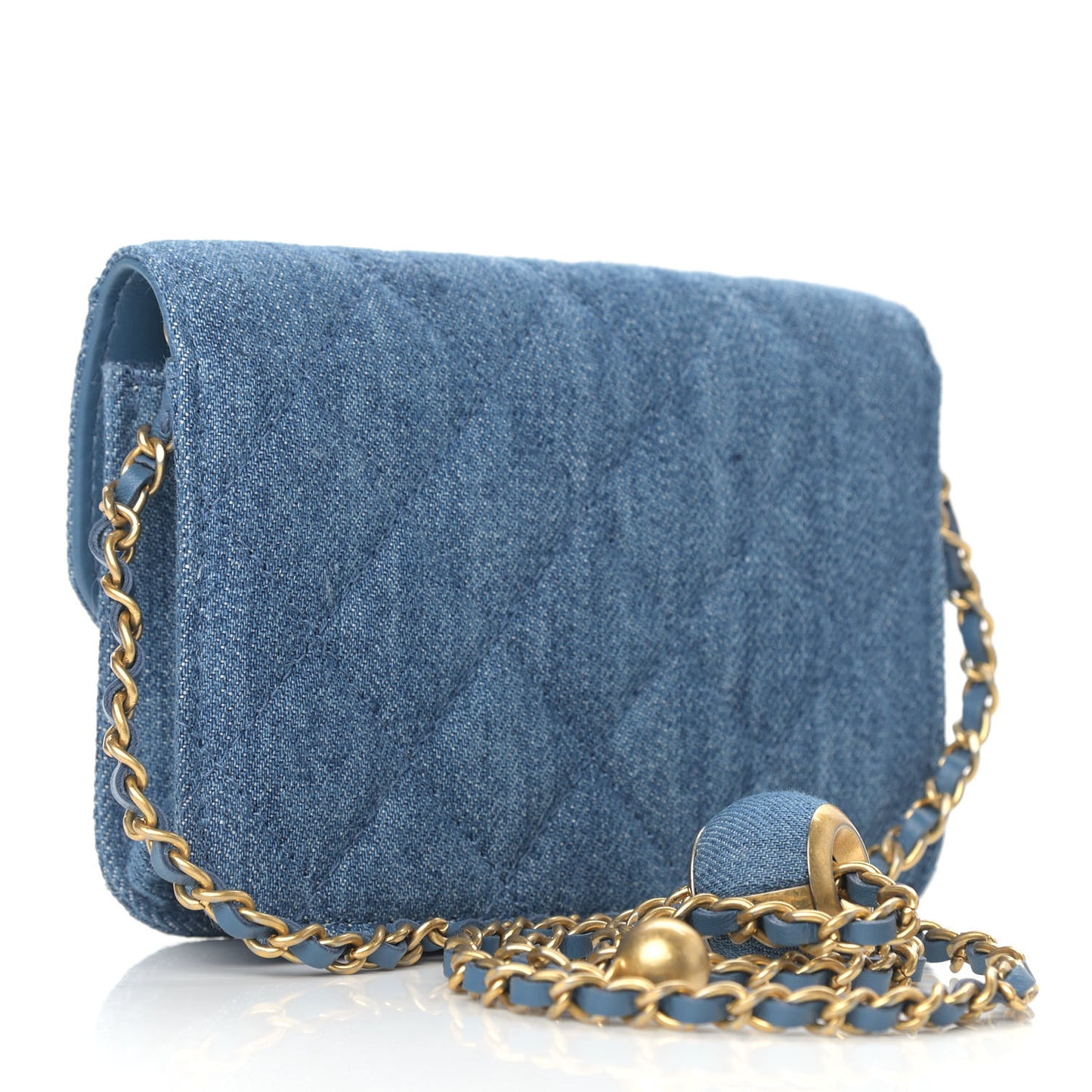 Denim Quilted CC Pearl Crush Clutch With Chain Blue