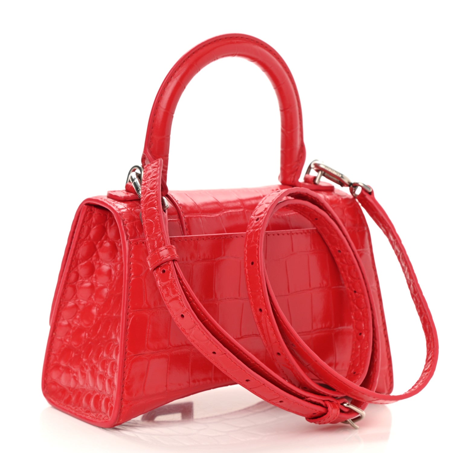 Balenciaga Shiny Calfskin Tonal B Crocodile Embossed Hourglass Top Handle Bag XS Bright Red 3 of 8