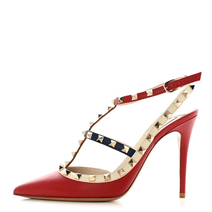 Valentino Garavani Calfskin Rockstud Ankle Strap 100mm Pumps 39 Rosso Valentino Ivory Pure Blue 1 of 9