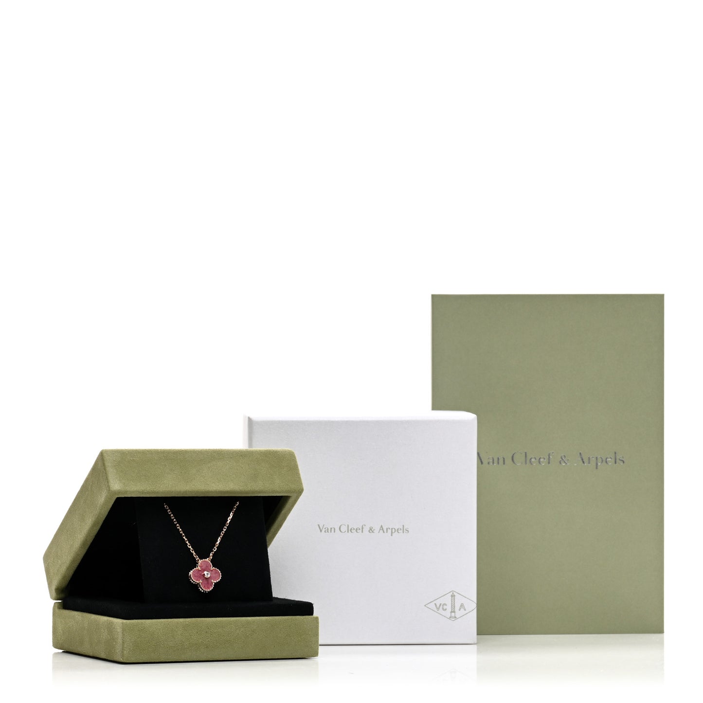 18K Rose Gold Diamond Rhodonite Vintage Alhambra Pendant Necklace