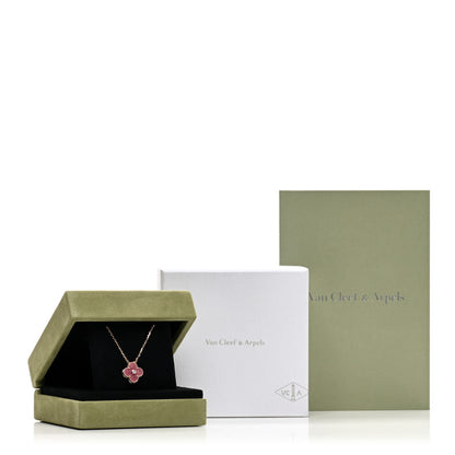 Van Cleef & Arpels 18K Rose Gold Diamond Rhodonite Vintage Alhambra Pendant Necklace 3 of 6