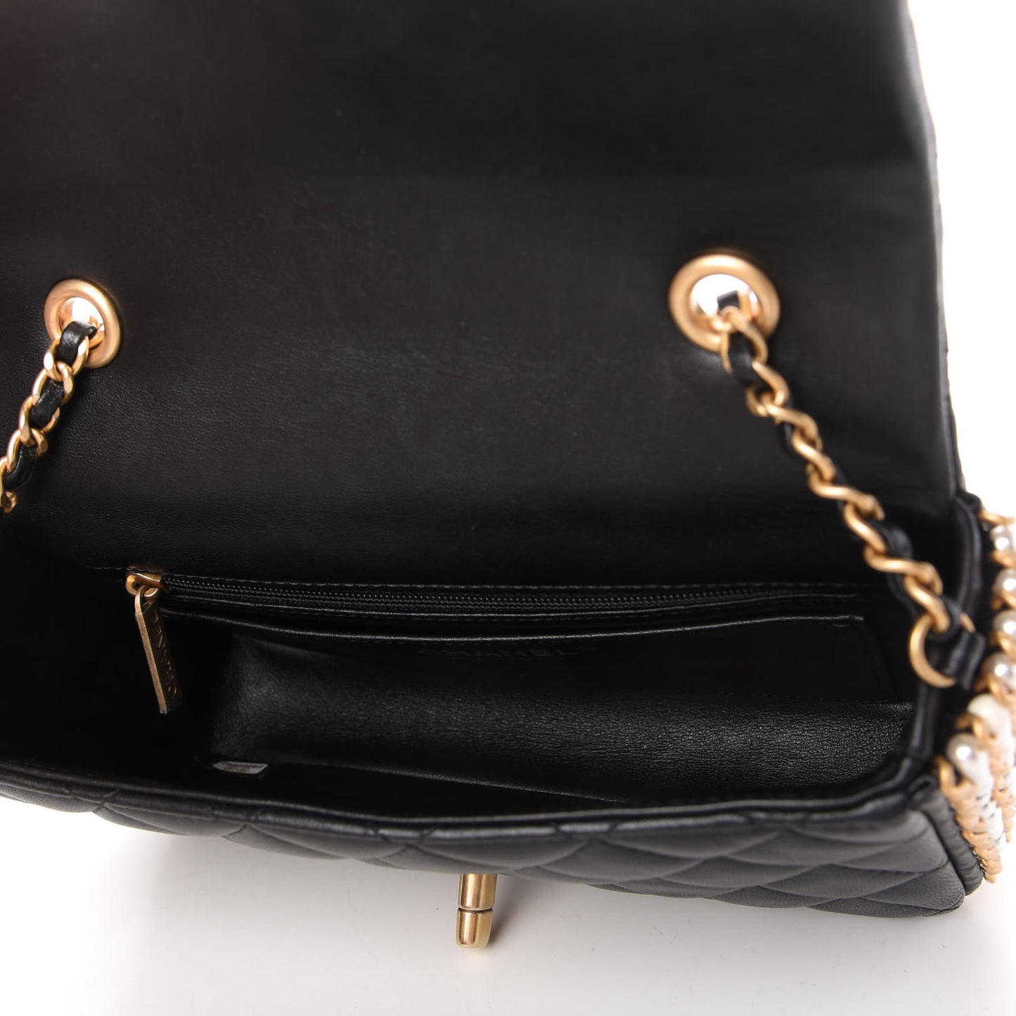 Lambskin Quilted Mini River of Pearls Flap Bag Black