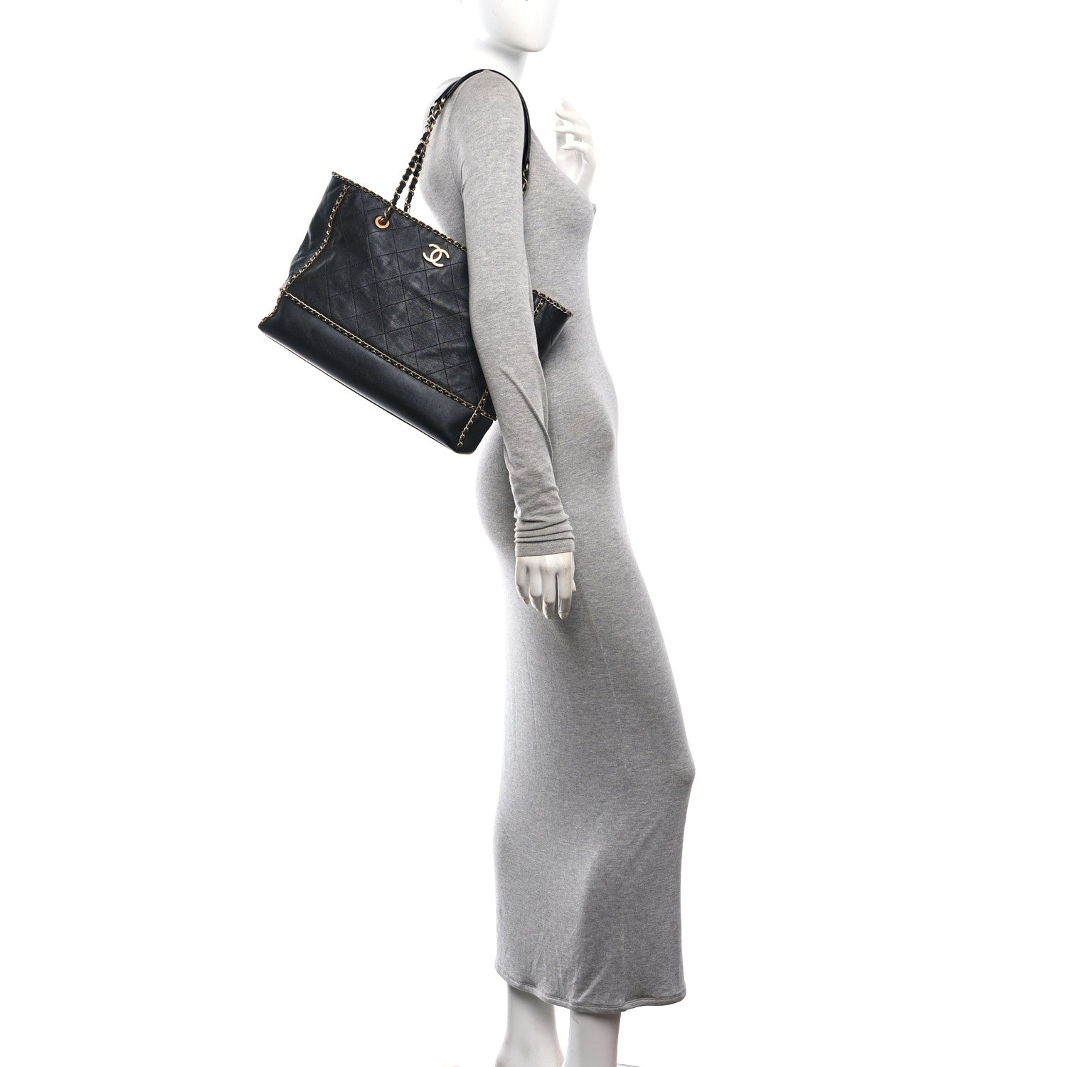 Chanel Calfskin Quilted Chain Lines Shopping Tote Black 2 of 10
