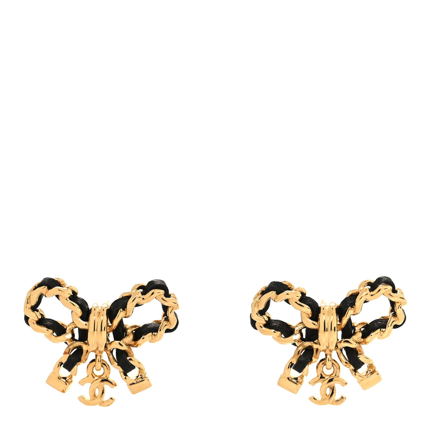 Lambskin Chain Bow Stud Earrings Black Gold