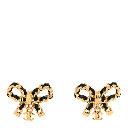 Chanel Lambskin Chain Bow Stud Earrings Black Gold 1 of 5