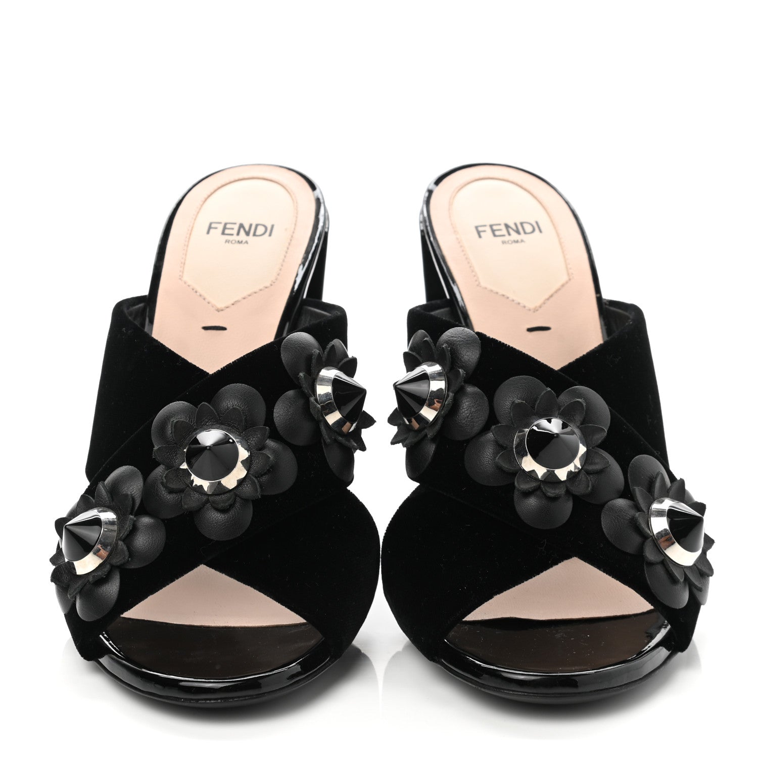 Fendi Patent Velvet Flowerland Studded Elsa Sandals 37 Black 2 of 8