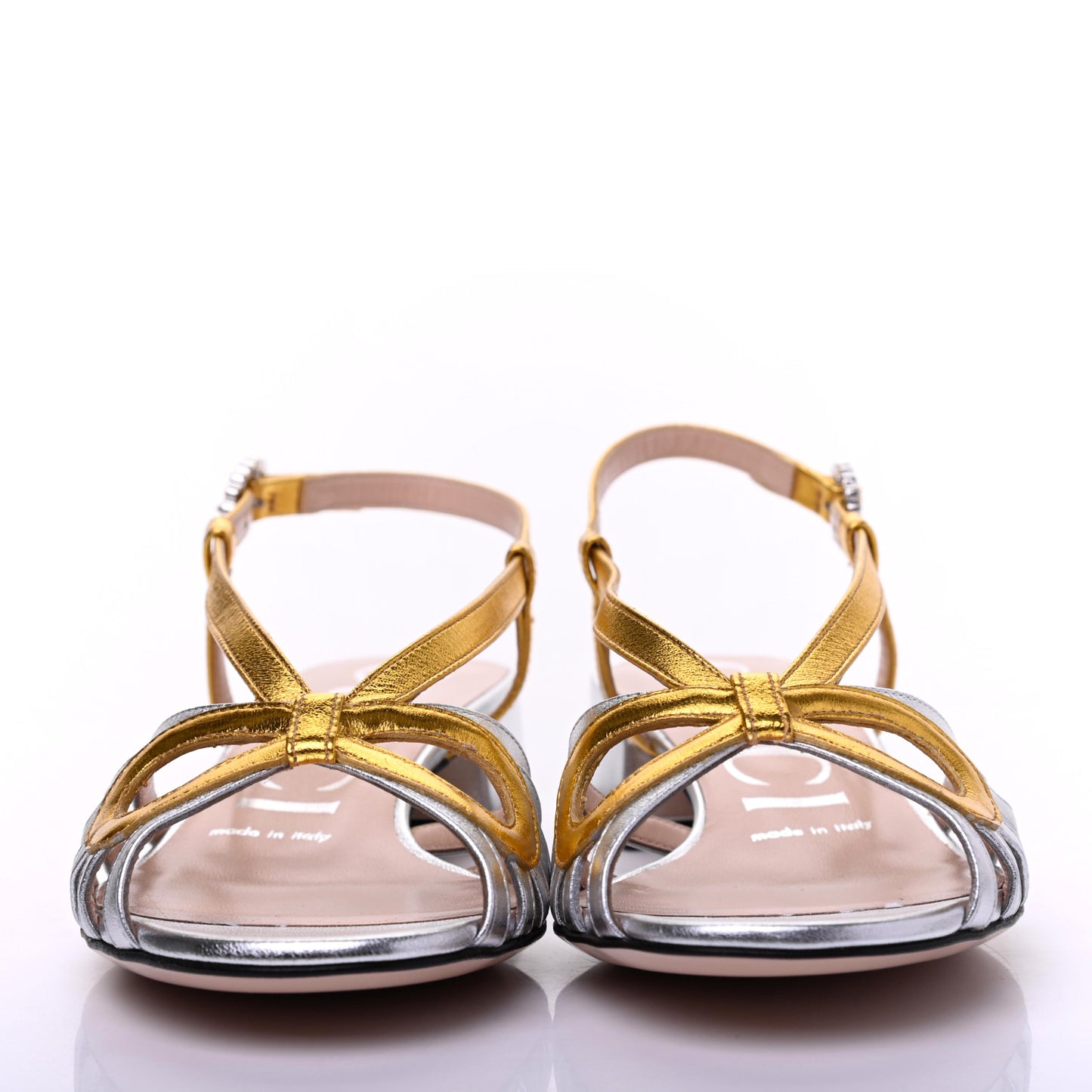 Metallic Nappa Crystal Zephyra Slingback Low Heel Sandals 35 Silver Gold