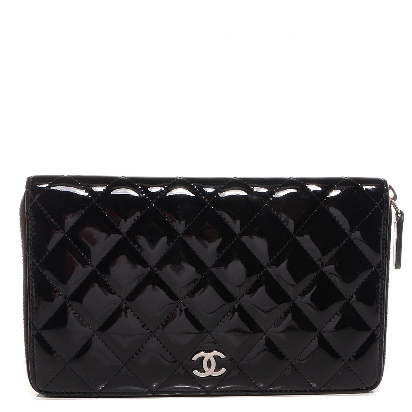Patent Quilted Large Zip Around Organizer Wallet Black