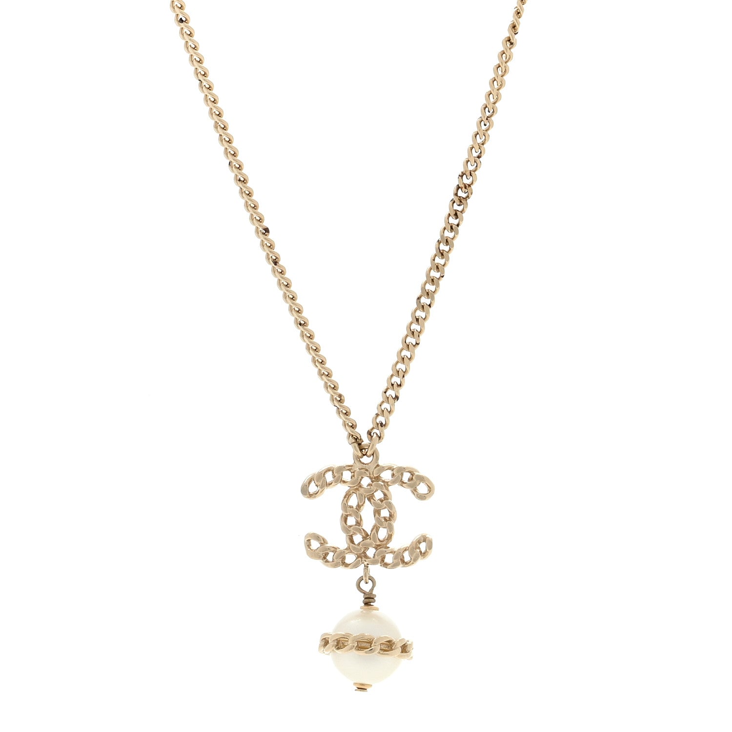 Chanel Metal Pearl CC Chain Drop Pendant Necklace Gold 1 of 4