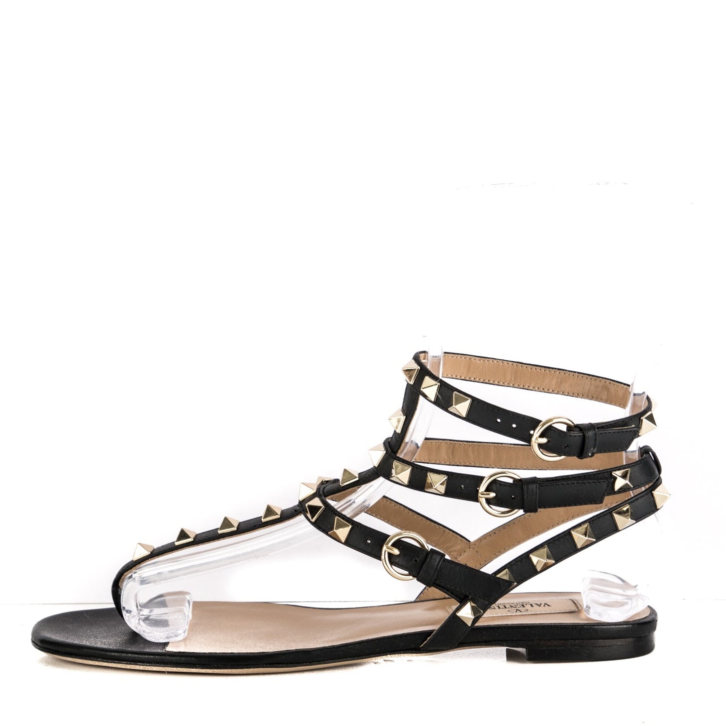 Calfskin Rockstud Ankle Wrap Flat Thong Sandals 37.5 Black